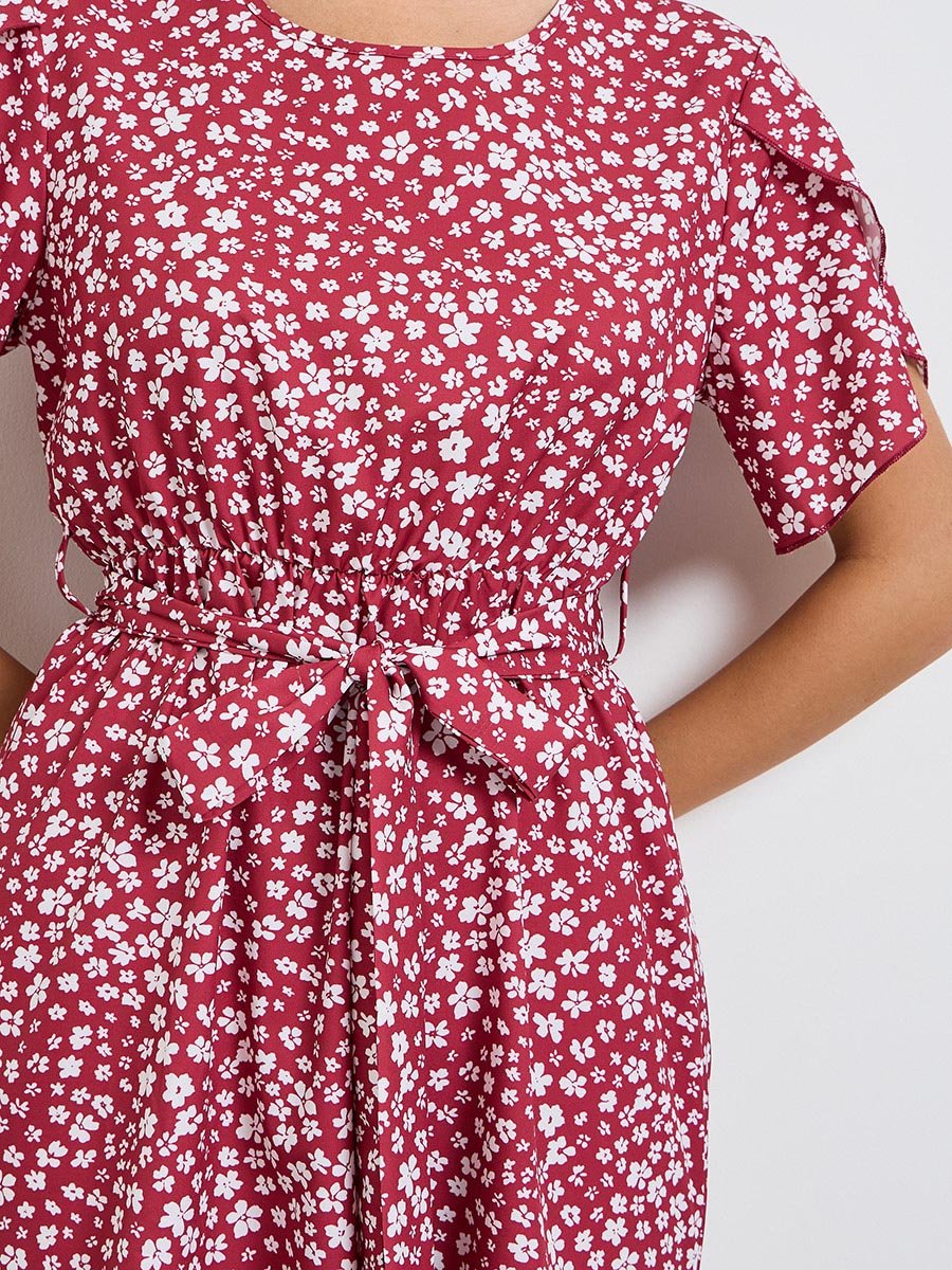 Red Ditsy Print A-Line Knee Length Dress