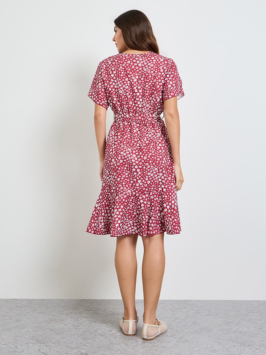 Red Ditsy Print A-Line Knee Length Dress