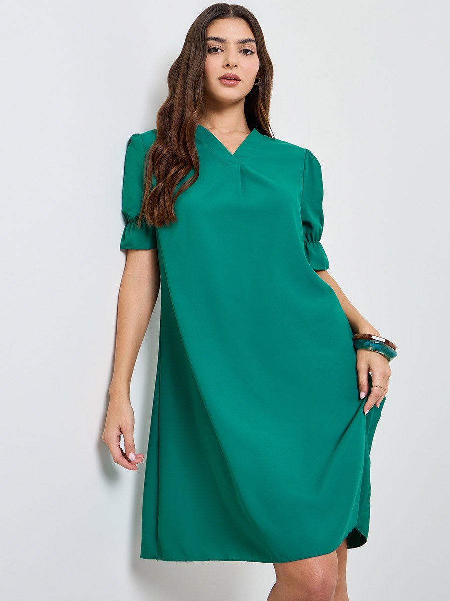 Green Puff Sleeves A-Line Knee Length Dress
