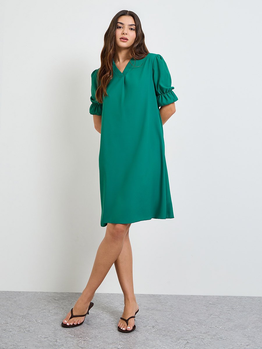Green Puff Sleeves A-Line Knee Length Dress
