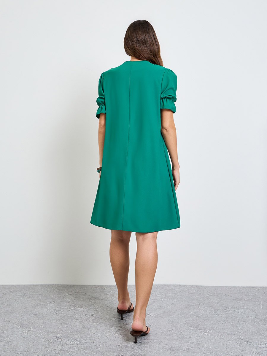 Green Puff Sleeves A-Line Knee Length Dress