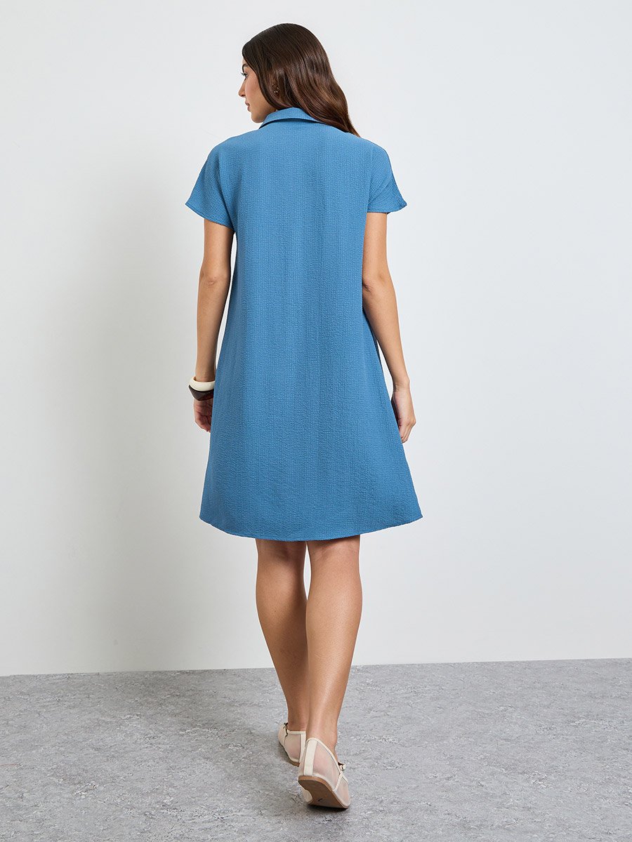 Blue Open Collar Knee Length Dress