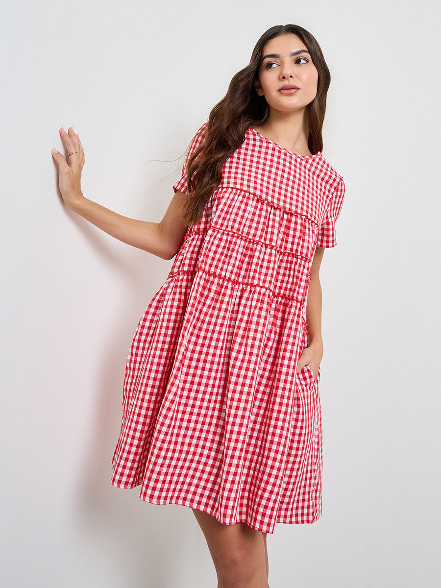 Red Gingham Check Pocketed Mini Dress