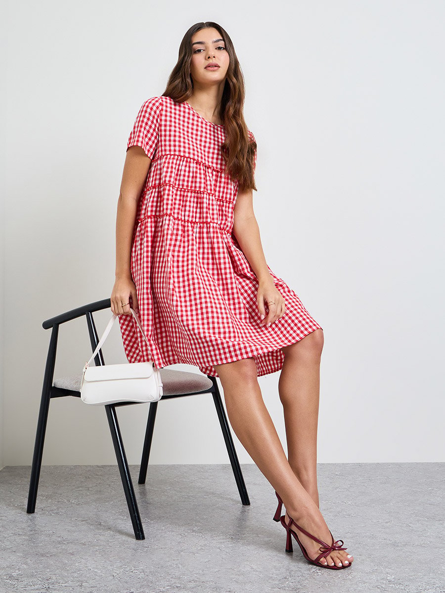 Red Gingham Check Pocketed Mini Dress