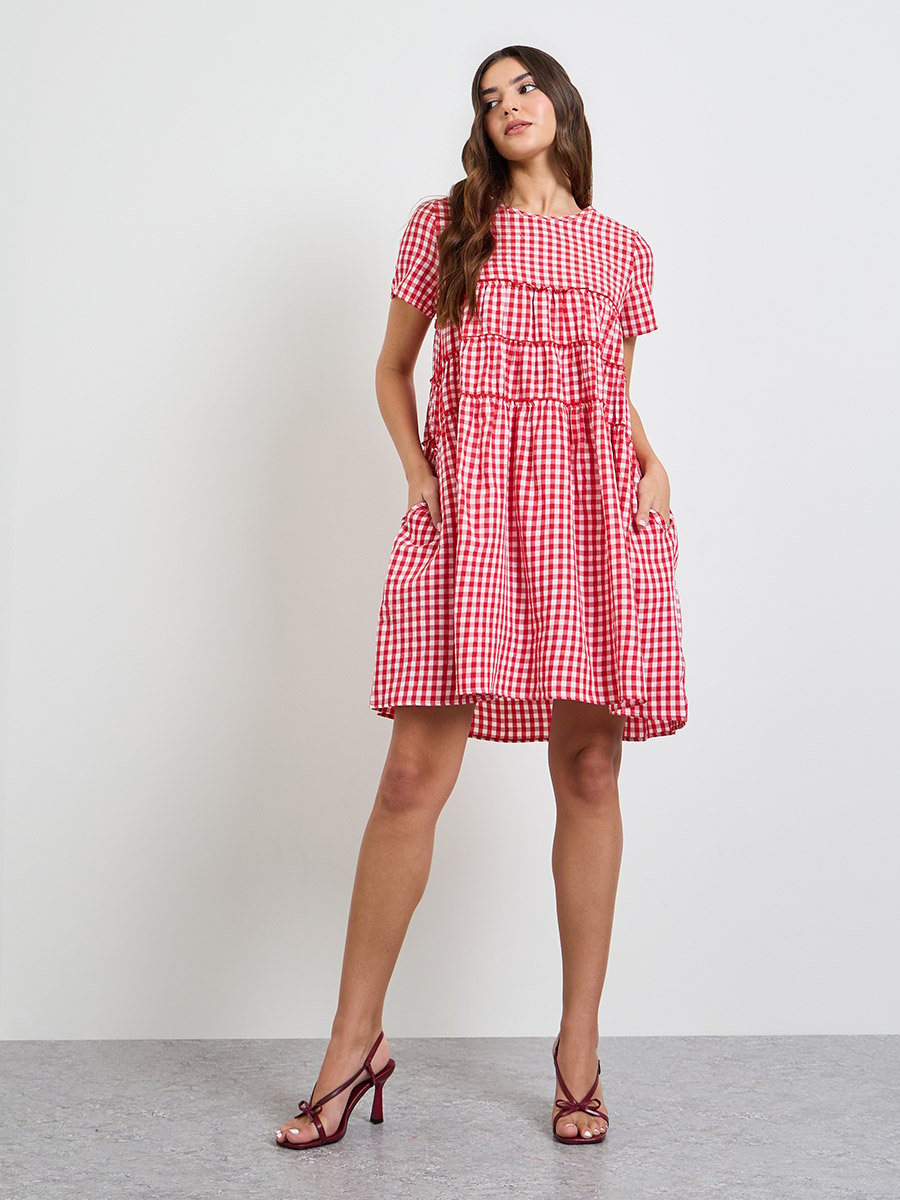 Red Gingham Check Pocketed Mini Dress