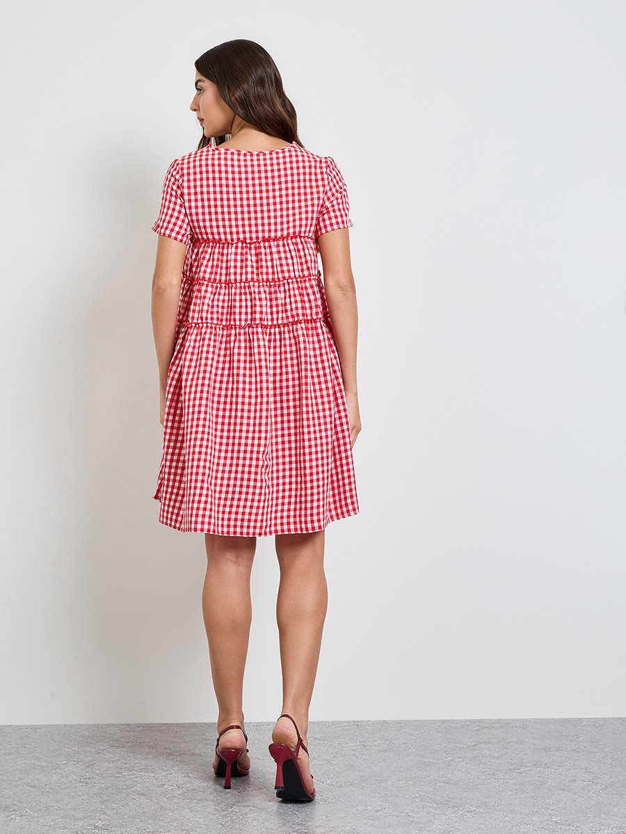 Red Gingham Check Pocketed Mini Dress