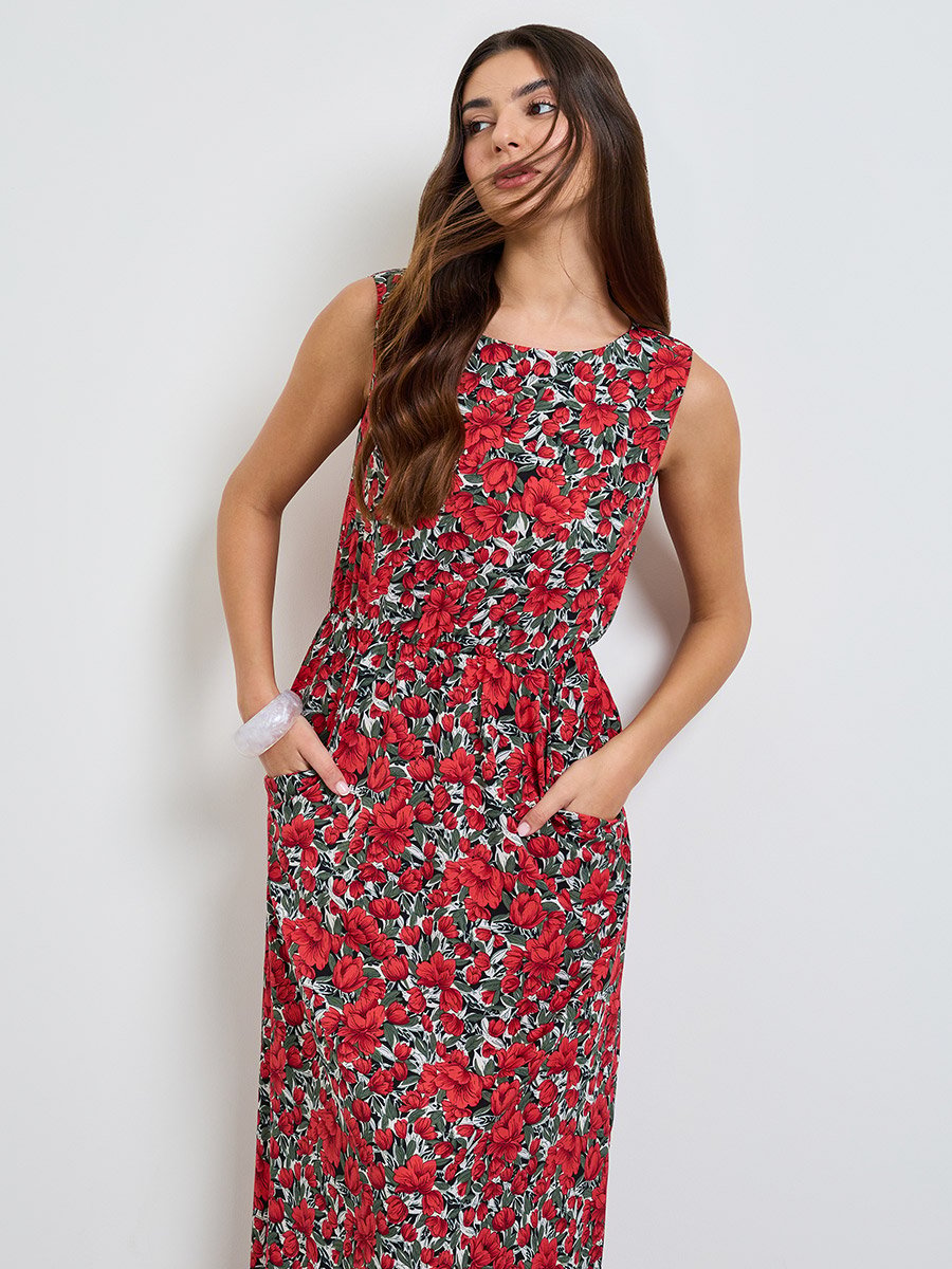 Red Floral Print Sleeveless Midi Dress