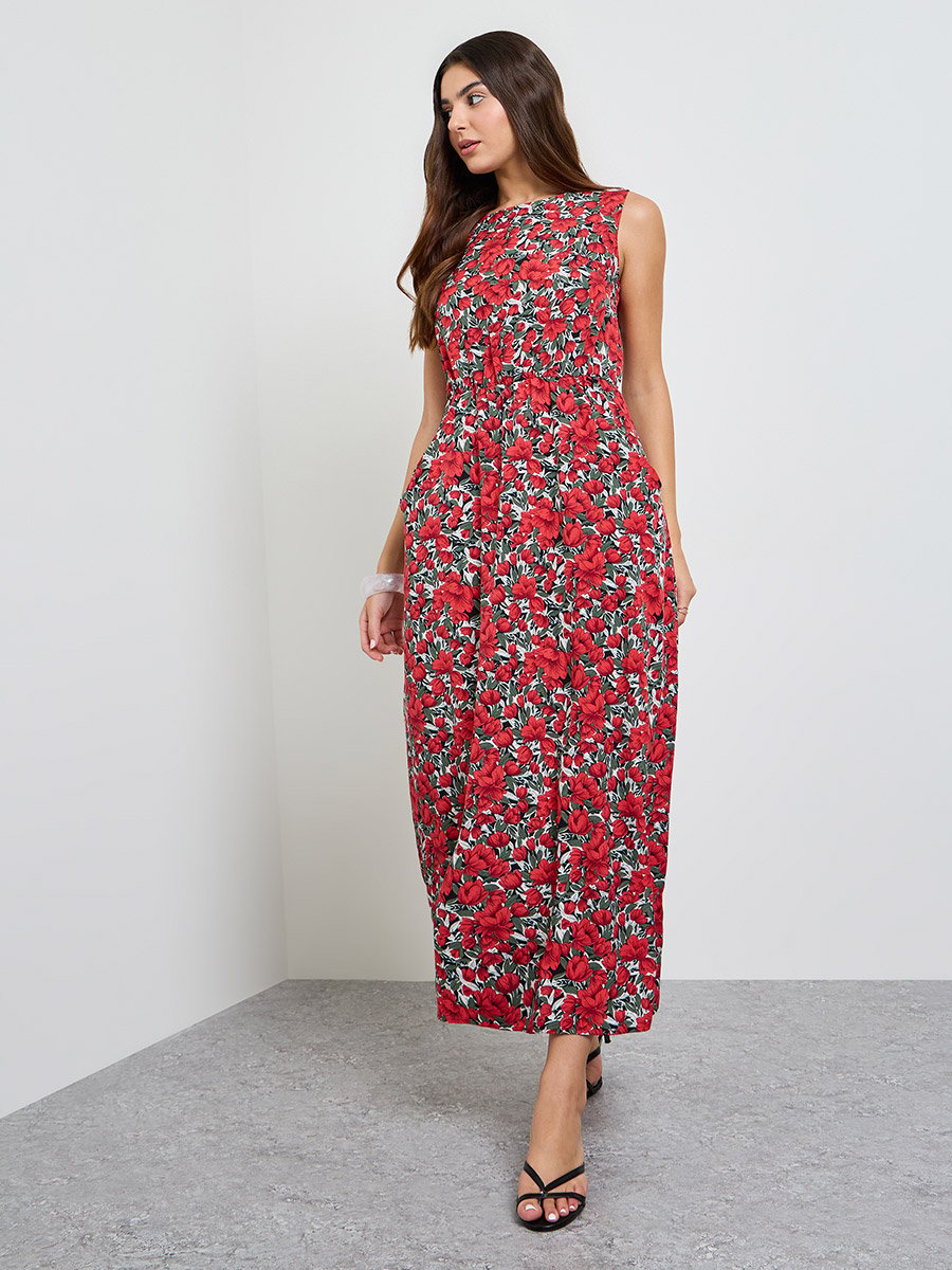 Red Floral Print Sleeveless Midi Dress