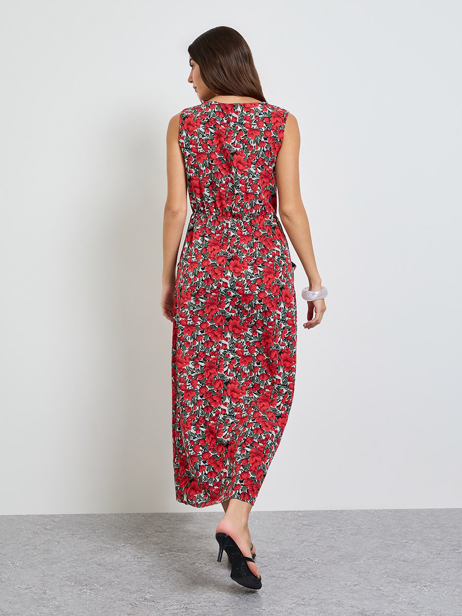Red Floral Print Sleeveless Midi Dress