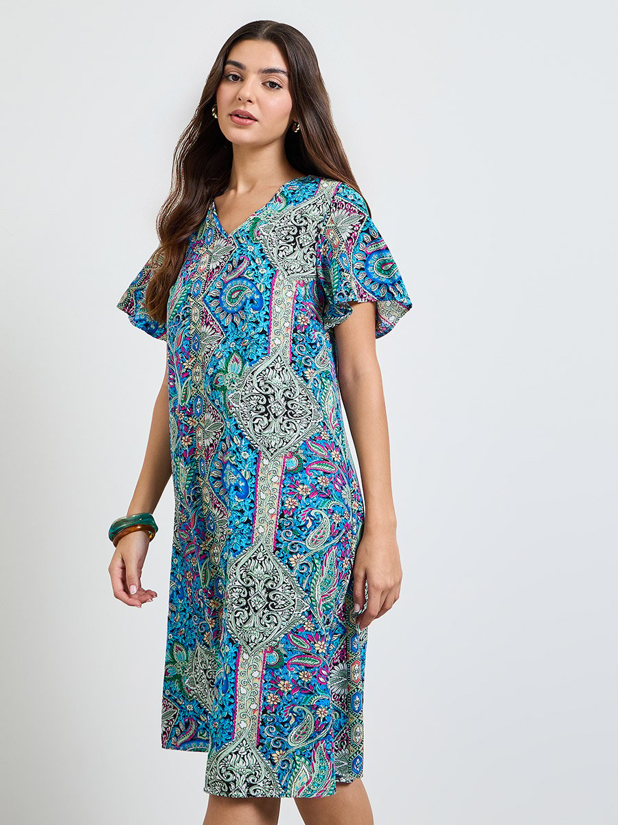 Paisley Print Short Sleeve Midi Dress
