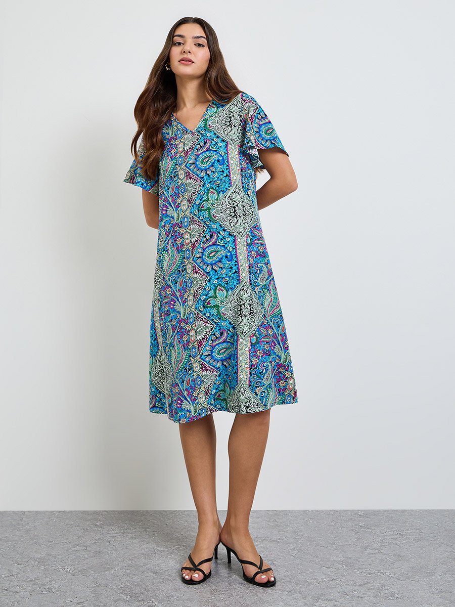 Paisley Print Short Sleeve Midi Dress