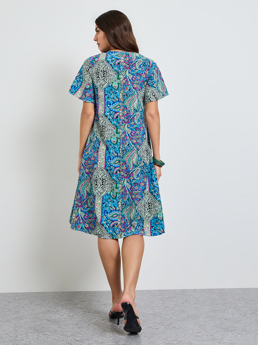 Paisley Print Short Sleeve Midi Dress