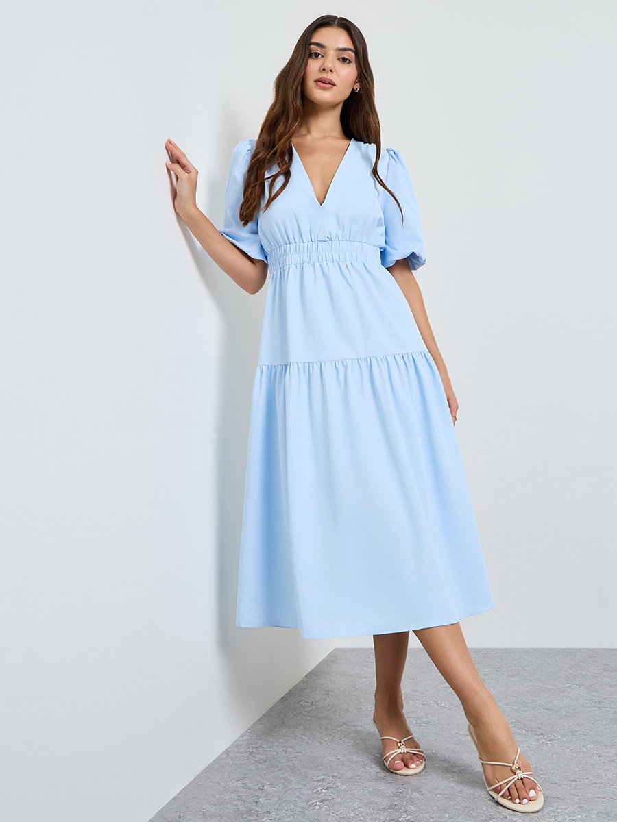 Blue V Neck A-Line Midi Dress