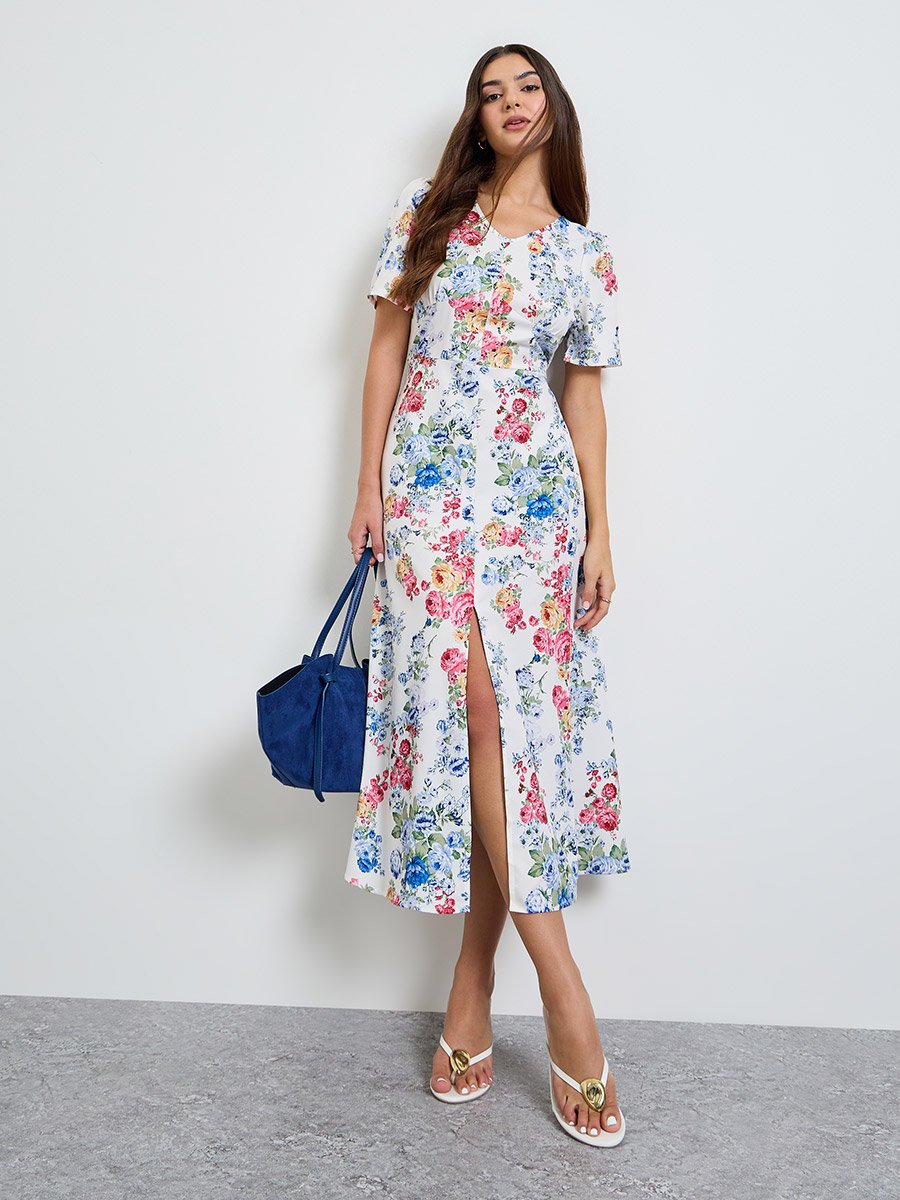 White Floral A-Line Midi Dress with Front Slit