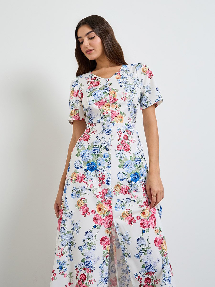 White Floral A-Line Midi Dress with Front Slit