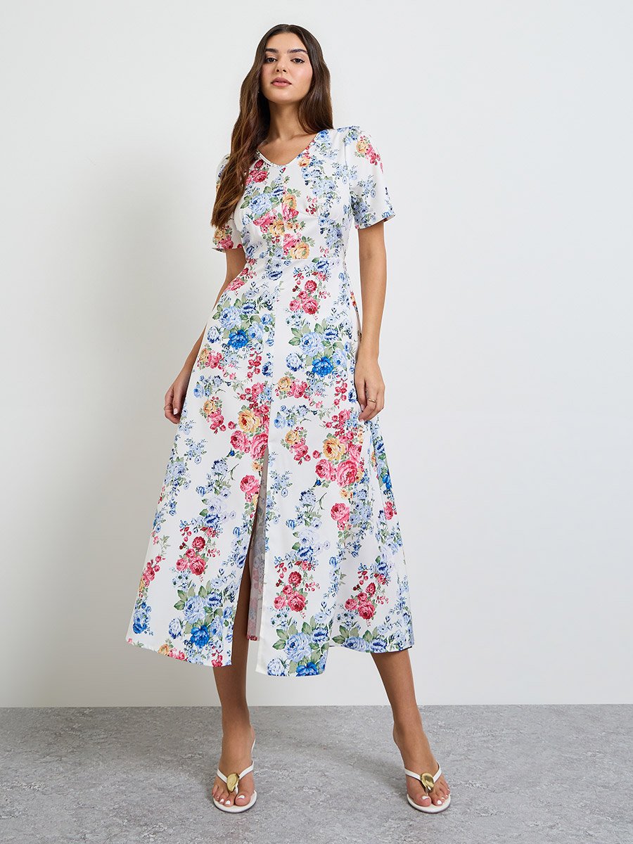 White Floral A-Line Midi Dress with Front Slit
