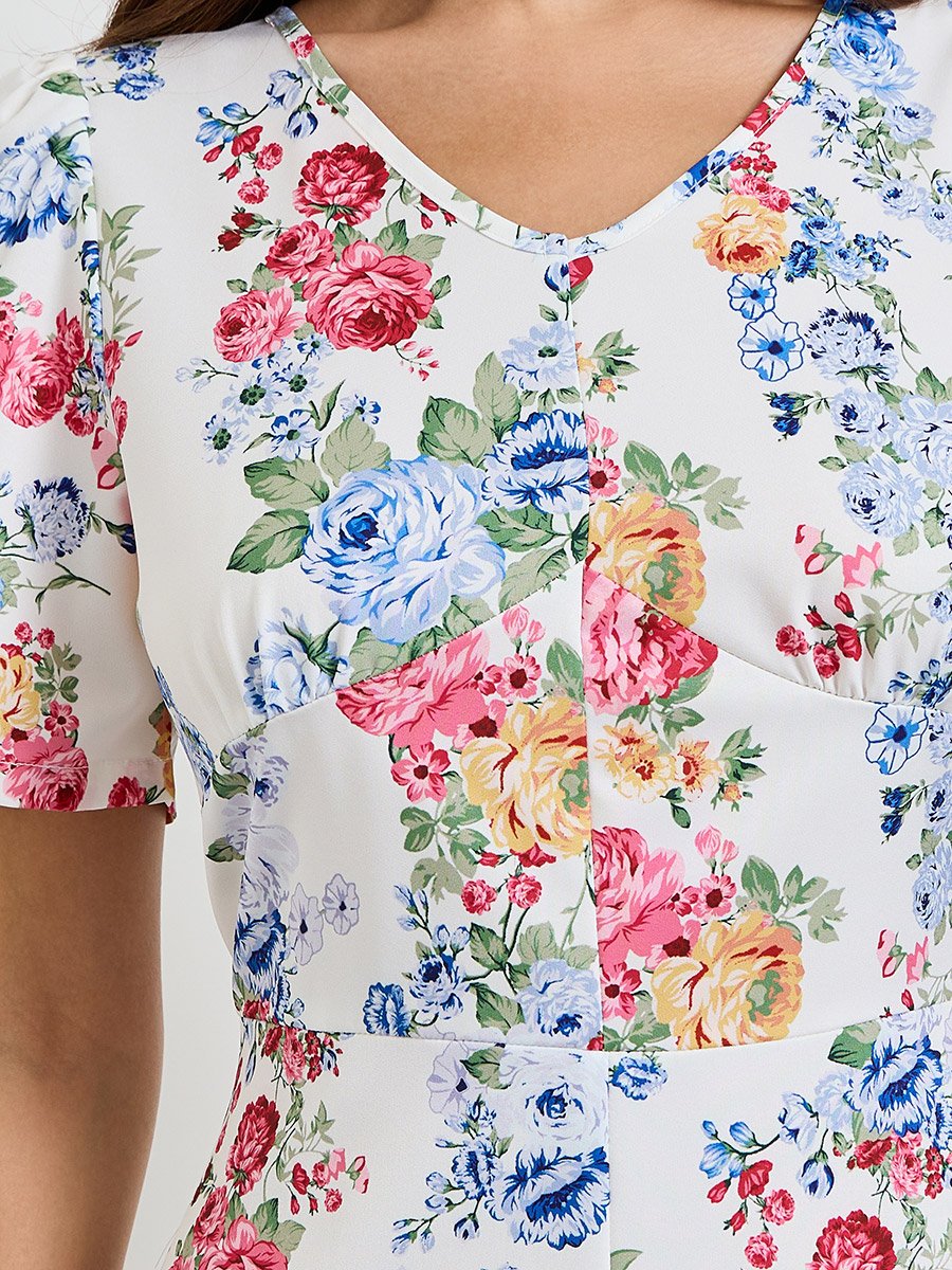White Floral A-Line Midi Dress with Front Slit