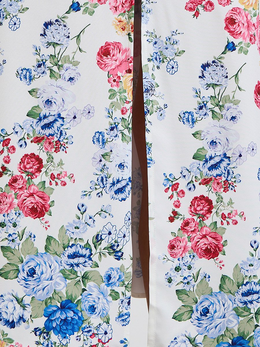 White Floral A-Line Midi Dress with Front Slit