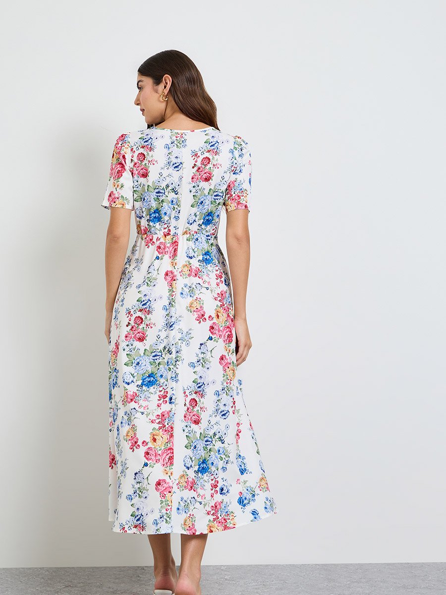White Floral A-Line Midi Dress with Front Slit