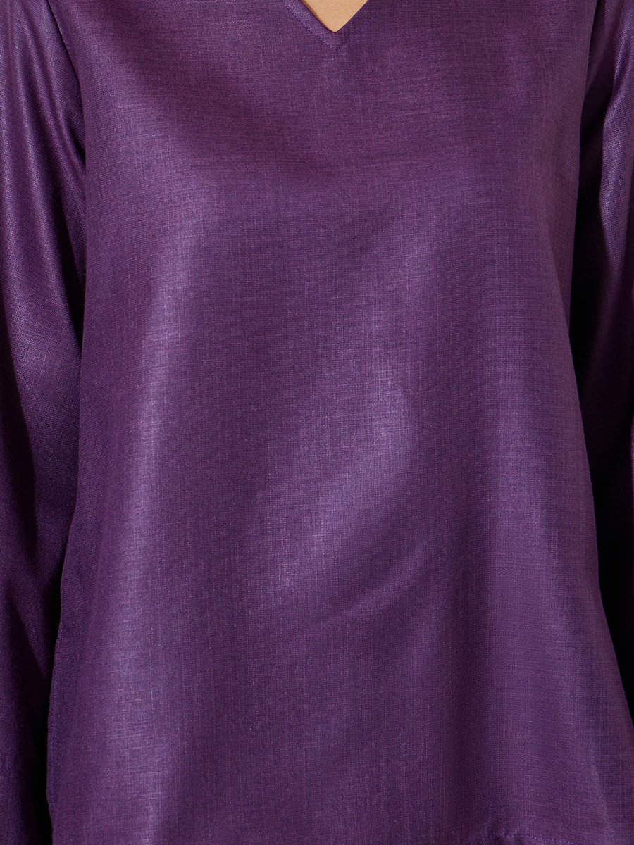 Purple Solid V-Neck Top and Wide Leg Pants Set