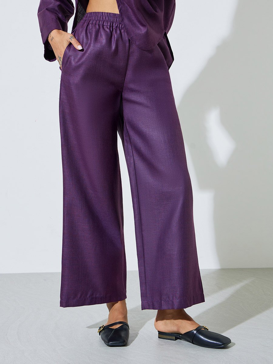 Purple Solid V-Neck Top and Wide Leg Pants Set