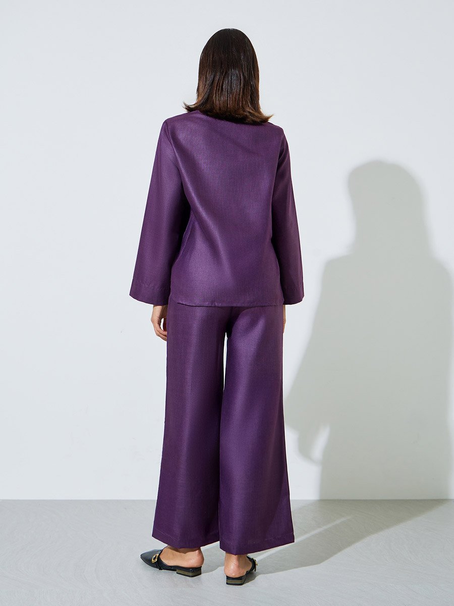 Purple Solid V-Neck Top and Wide Leg Pants Set