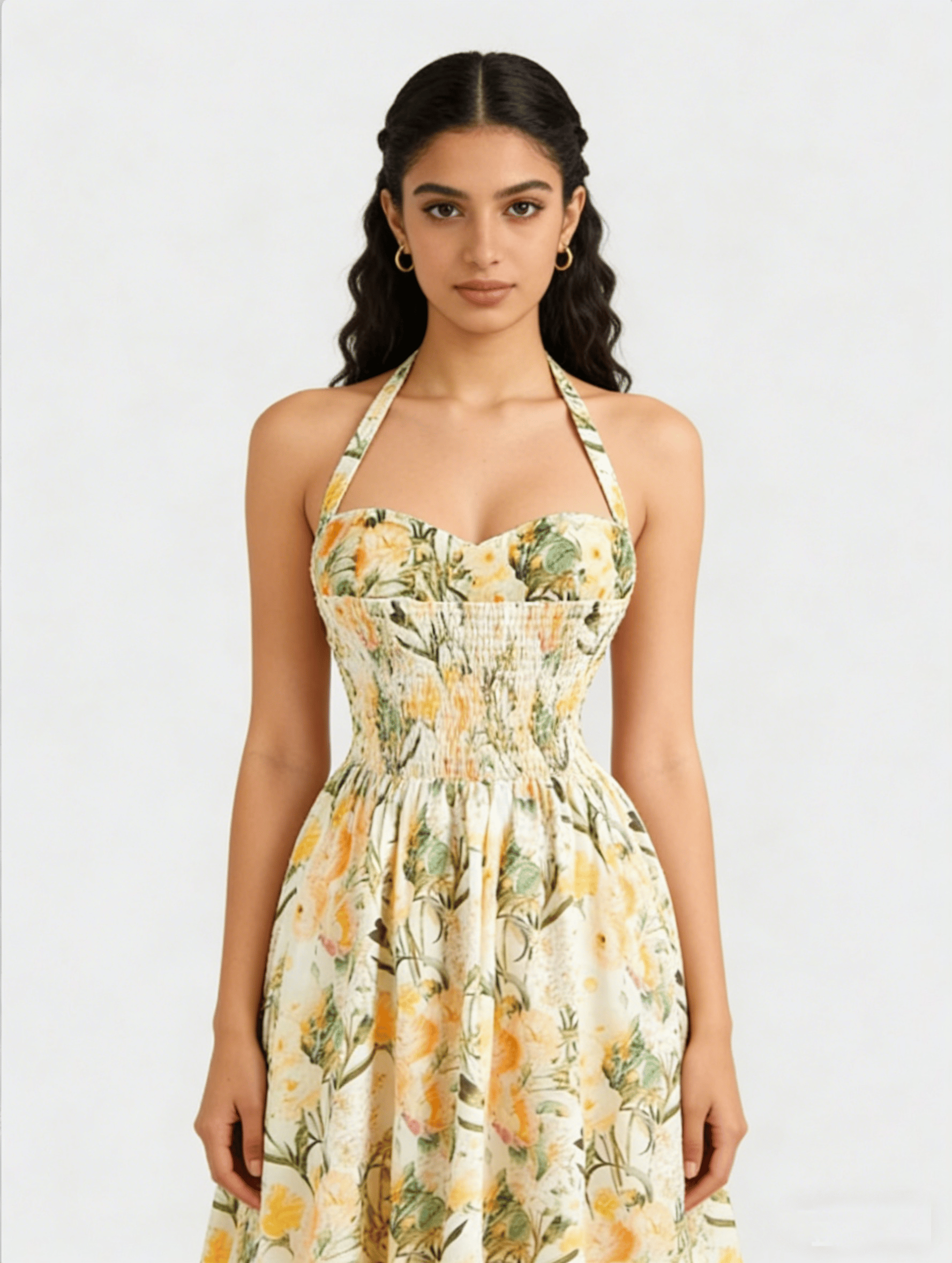 Cream Halter Neck Floral Midi Dress