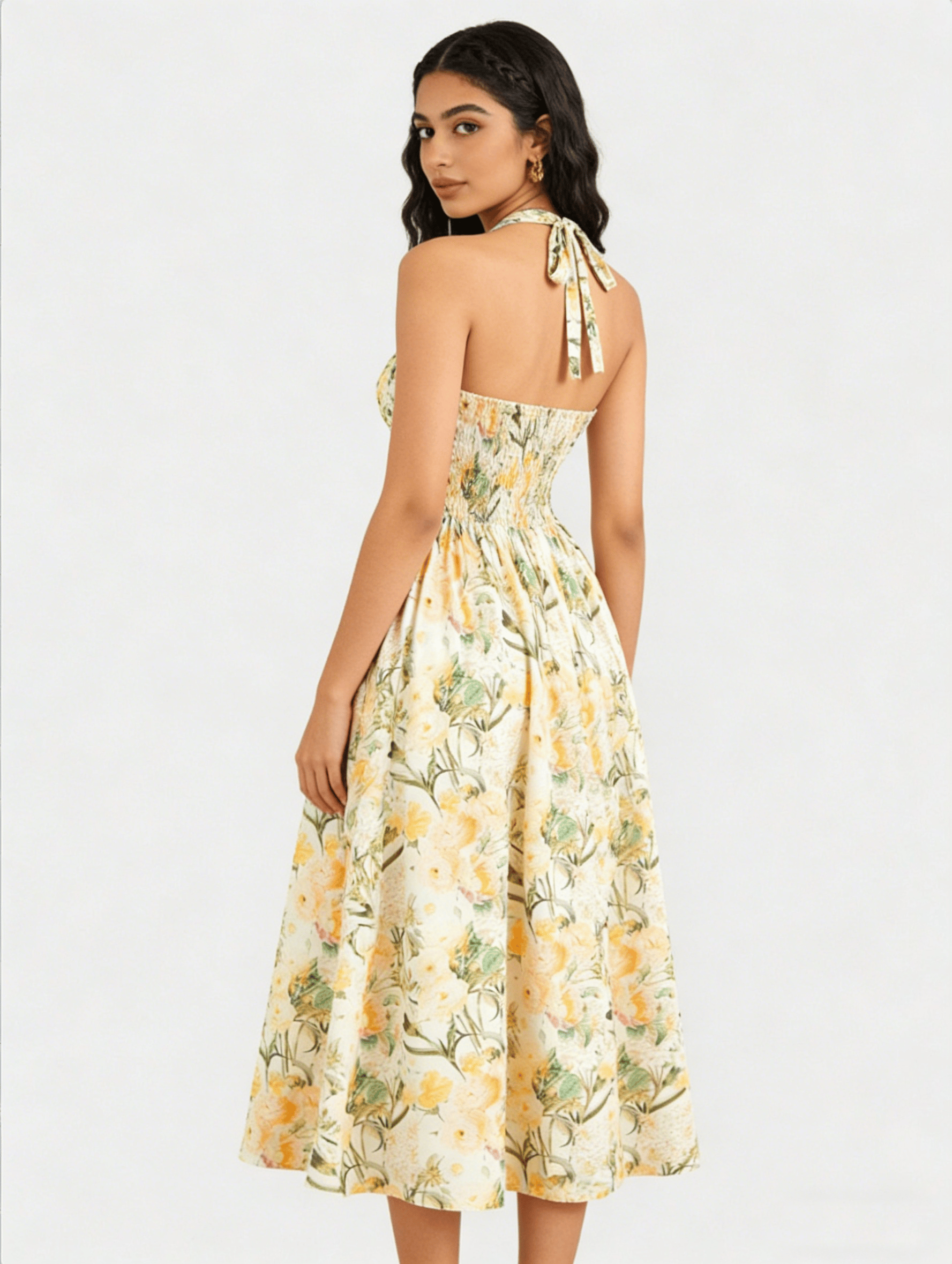 Cream Halter Neck Floral Midi Dress