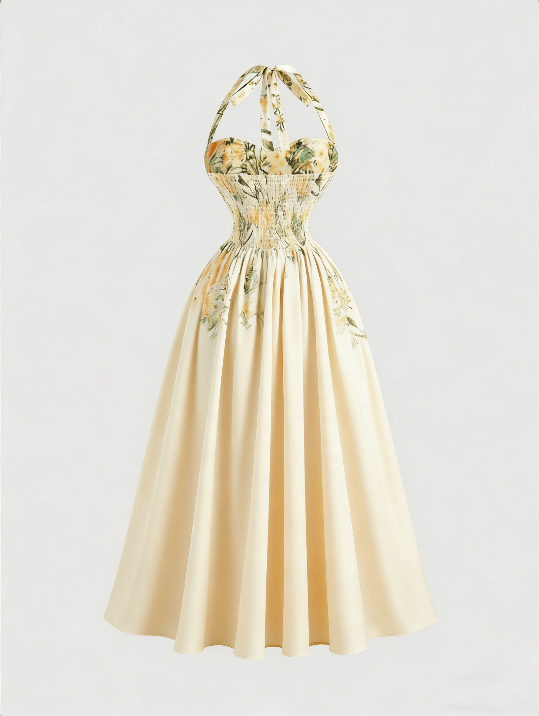 Cream Halter Neck Floral Midi Dress