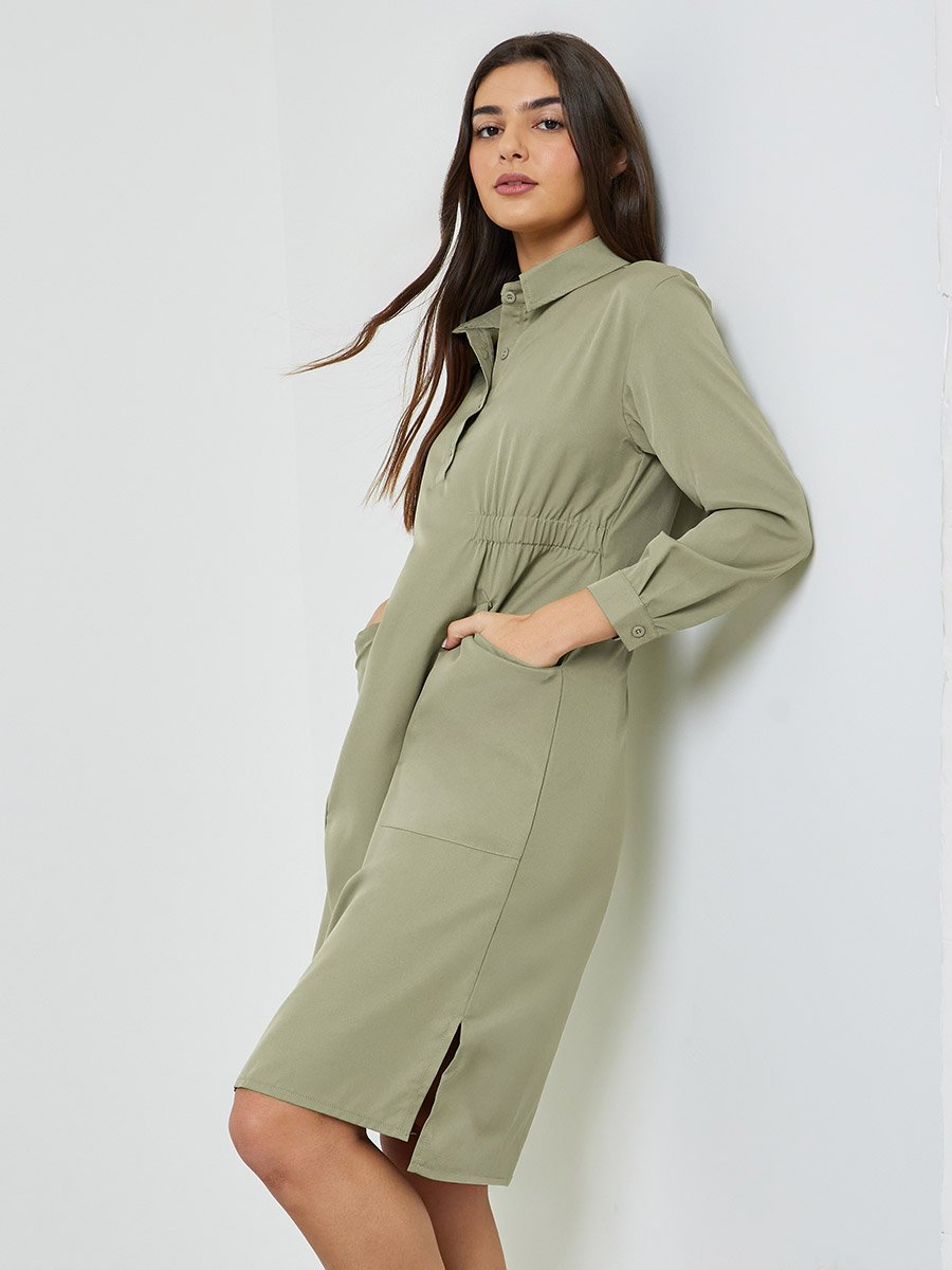 knee length shirt dress women Plus Size Khaki Ruched Knee-Length For at Bahrain bridesmaid dresses edmonton