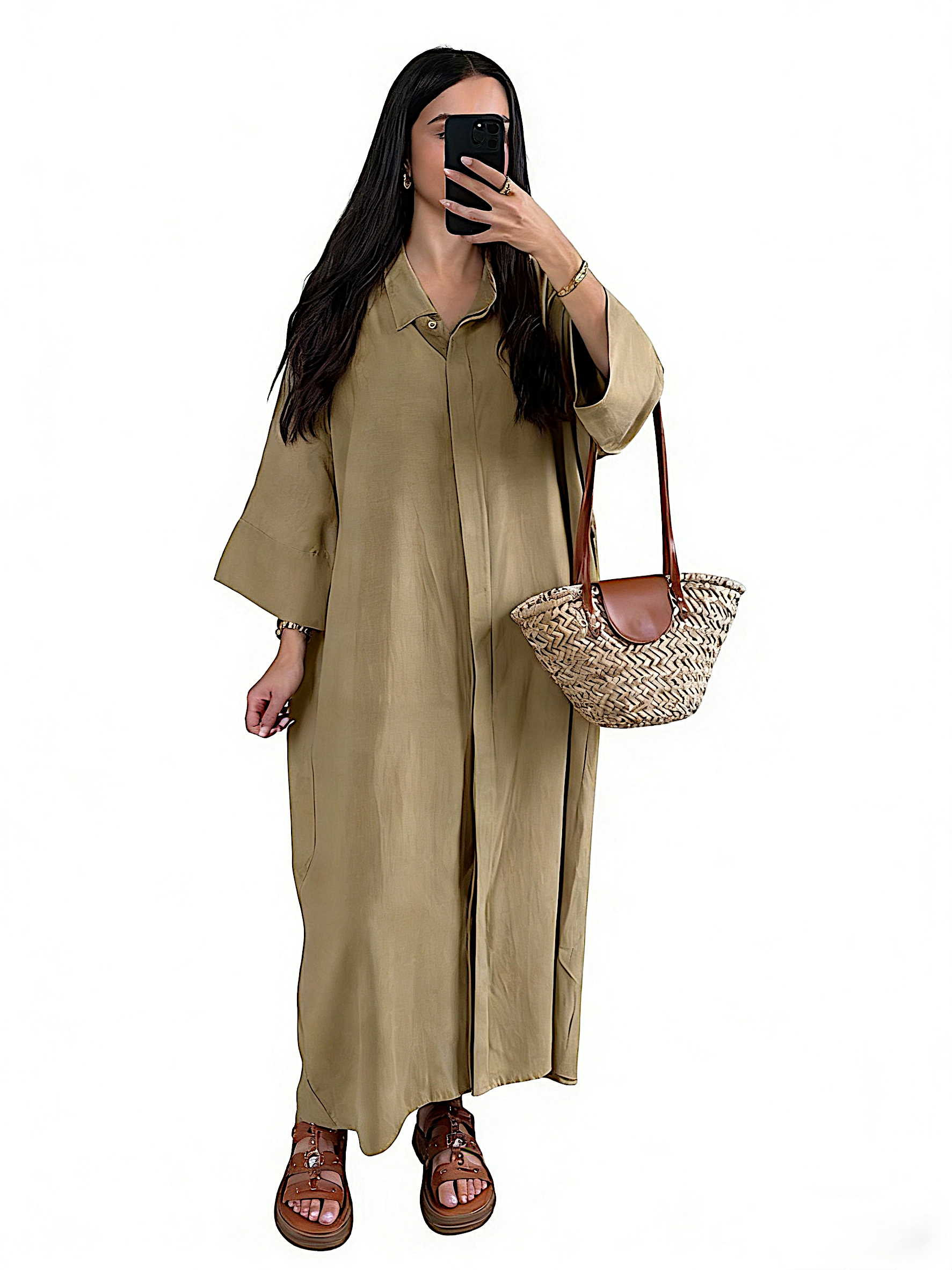 Khaki Solid 3/4 Sleeves Casual Shirt Midi Dress