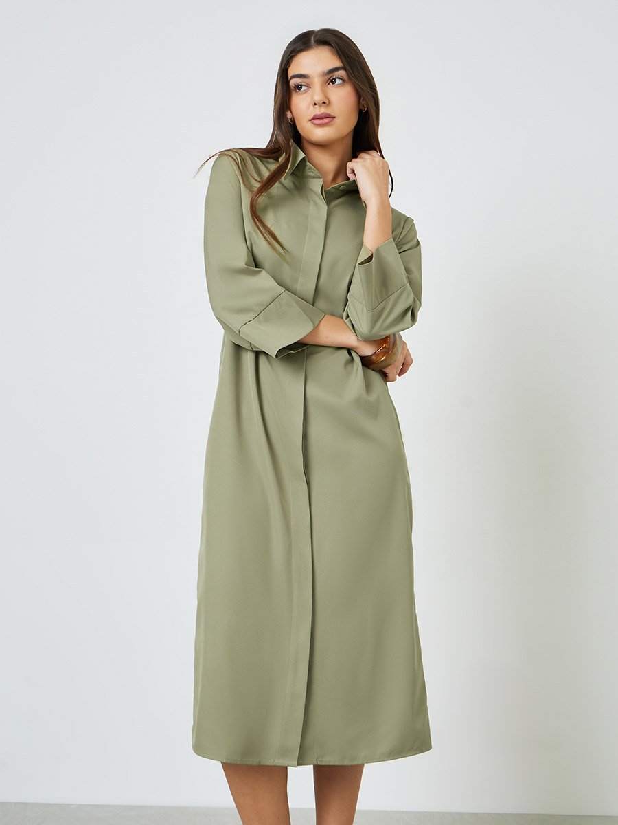 Khaki Solid 3/4 Sleeves Casual Shirt Midi Dress