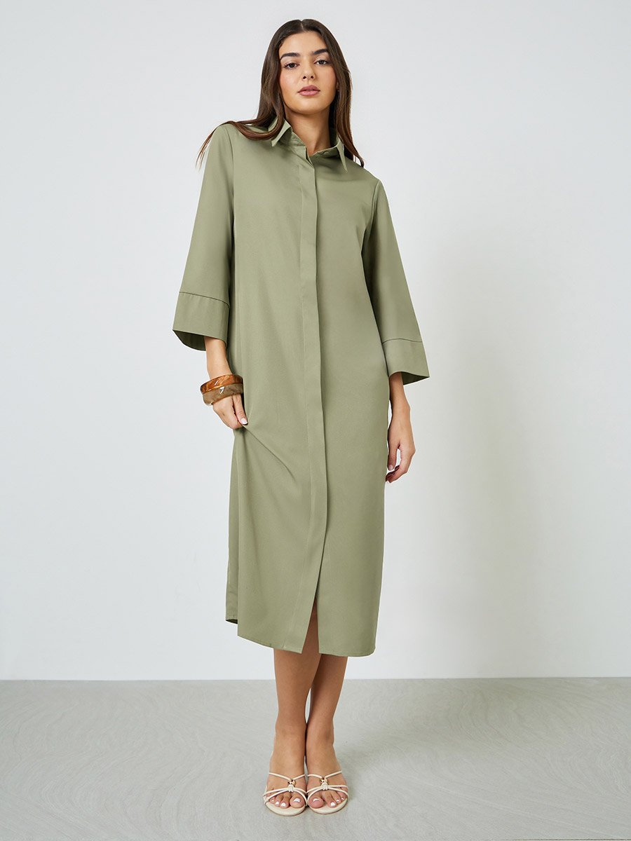 Khaki Solid 3/4 Sleeves Casual Shirt Midi Dress