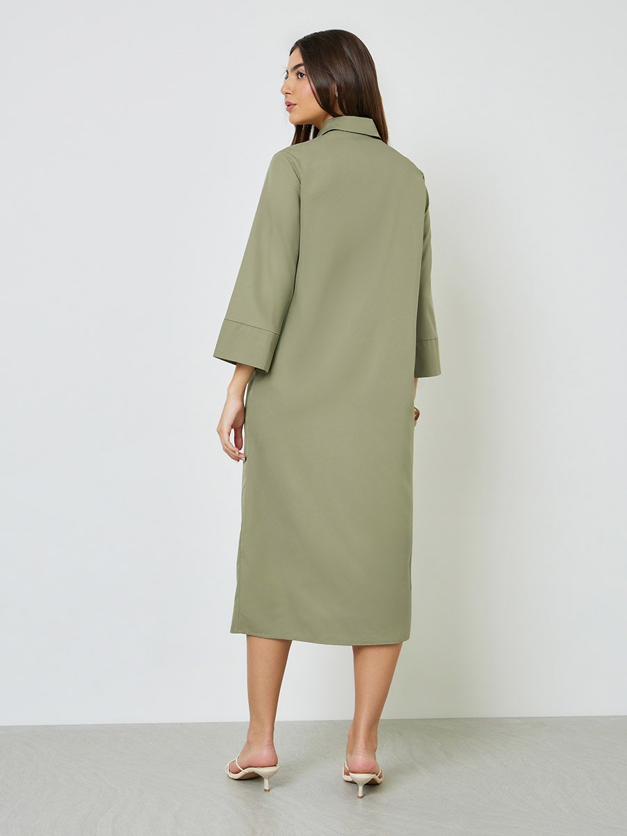 Khaki Solid 3/4 Sleeves Casual Shirt Midi Dress