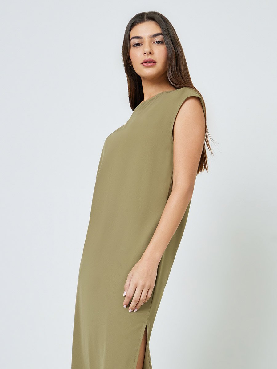 Plus Size Khaki Side-Slit Sleeveless Midi Dress