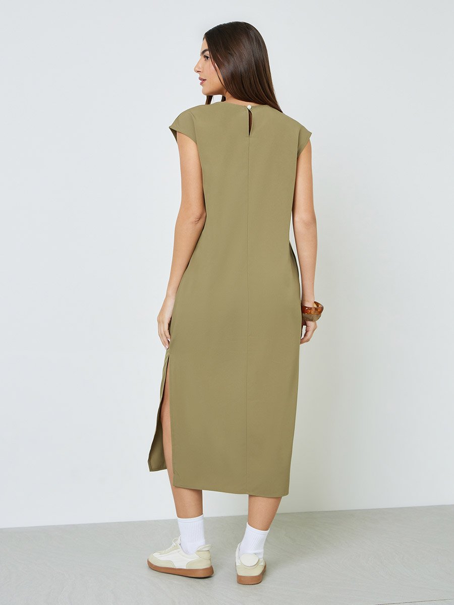 Plus Size Khaki Side-Slit Sleeveless Midi Dress