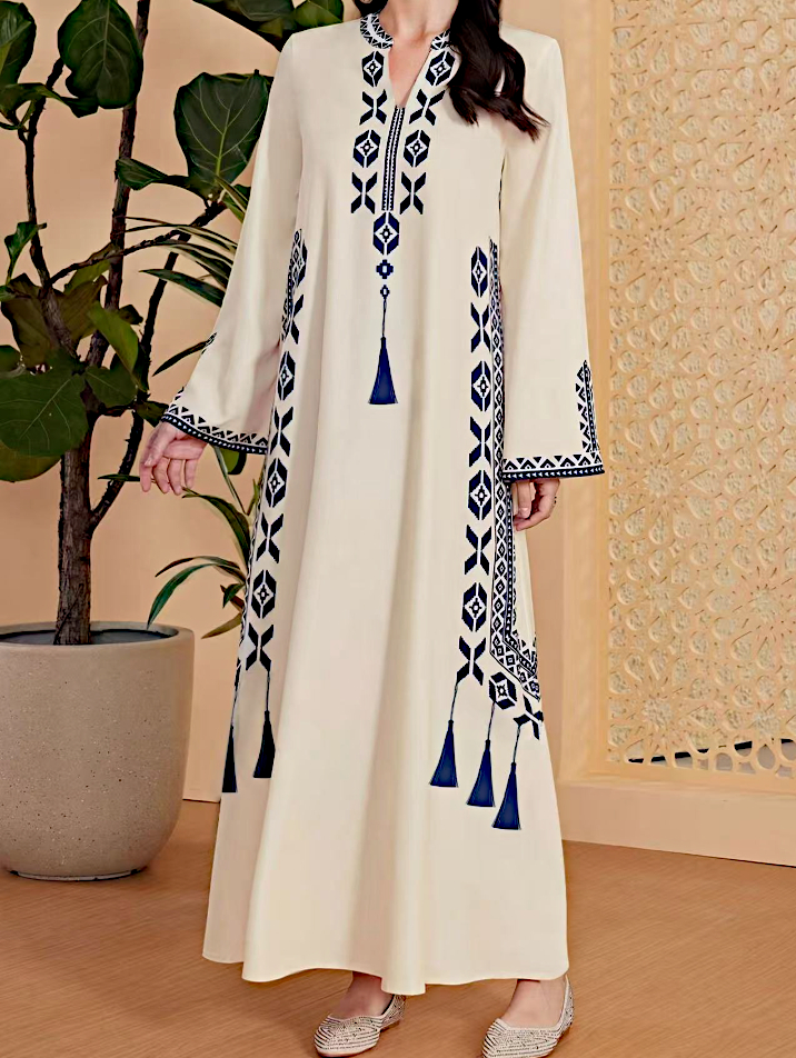 White Geometric Print Notch Neck Long Sleeves Maxi Kaftan Deress