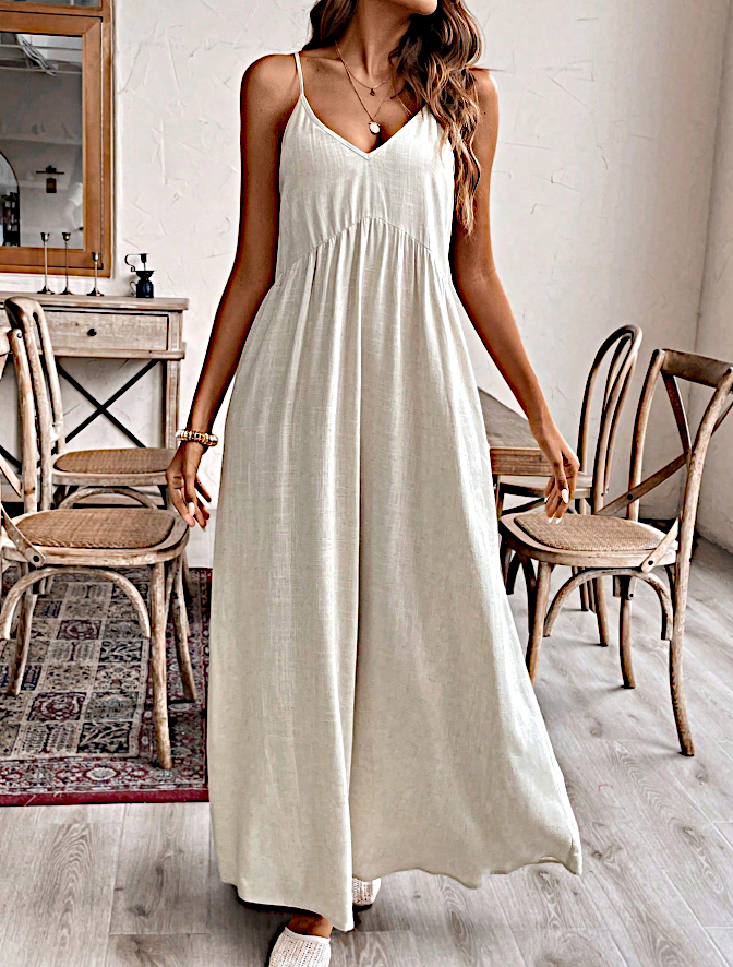 Beige Solid Strappy A-Line Midi Dress