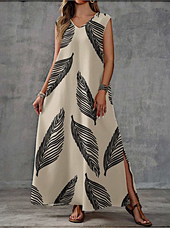 Beige Leaf Print Sleeveless A-Line Midi Dress