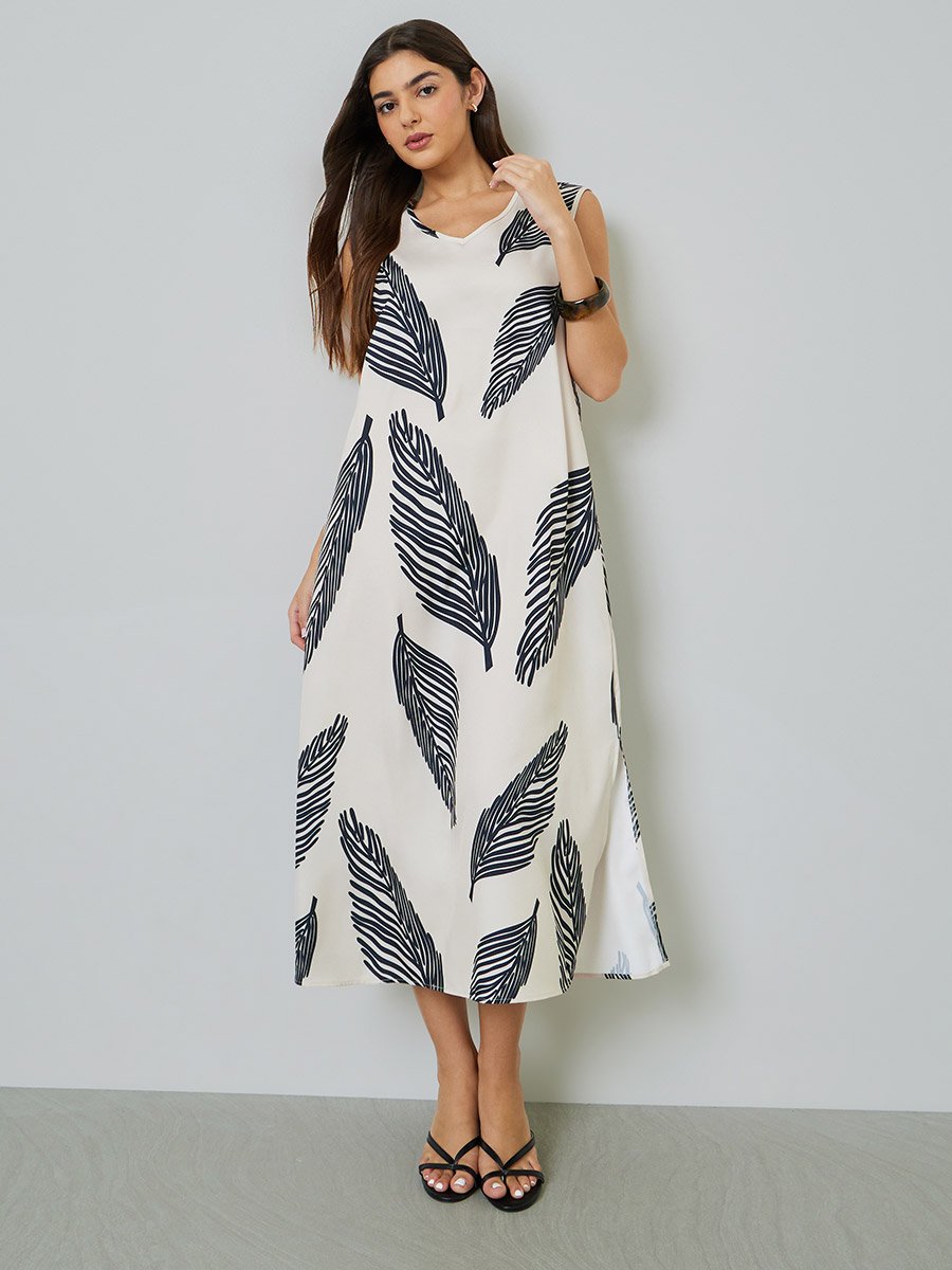 Beige Leaf Print Sleeveless A-Line Midi Dress