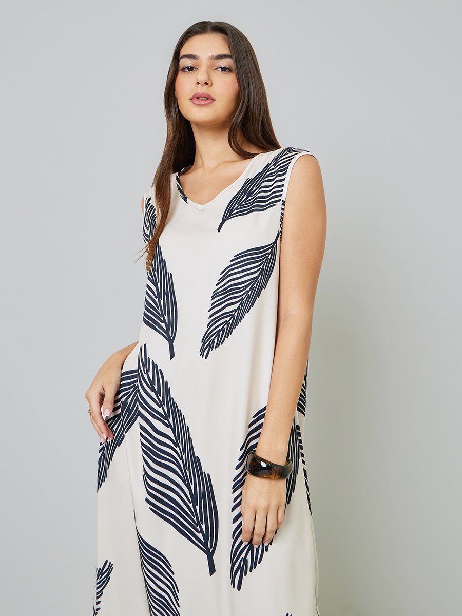 Beige Leaf Print Sleeveless A-Line Midi Dress