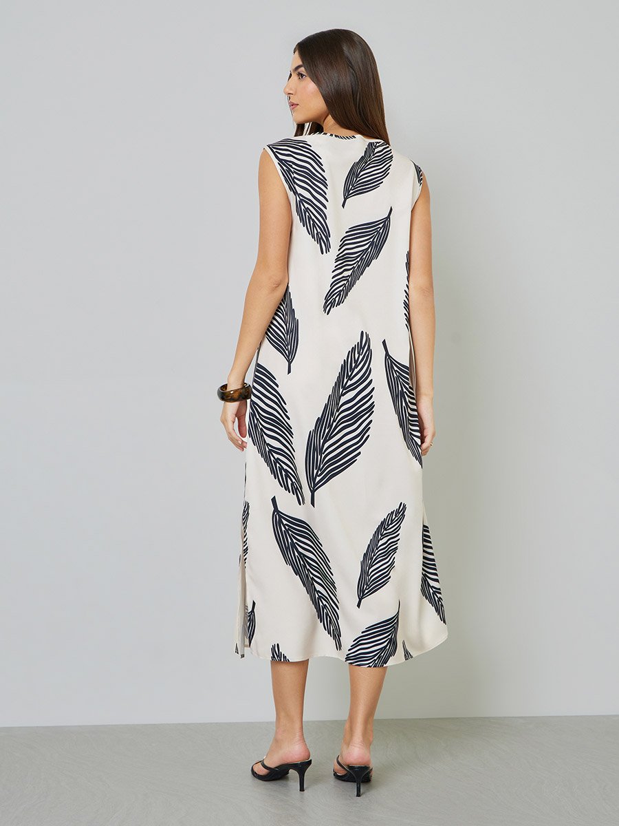 Beige Leaf Print Sleeveless A-Line Midi Dress