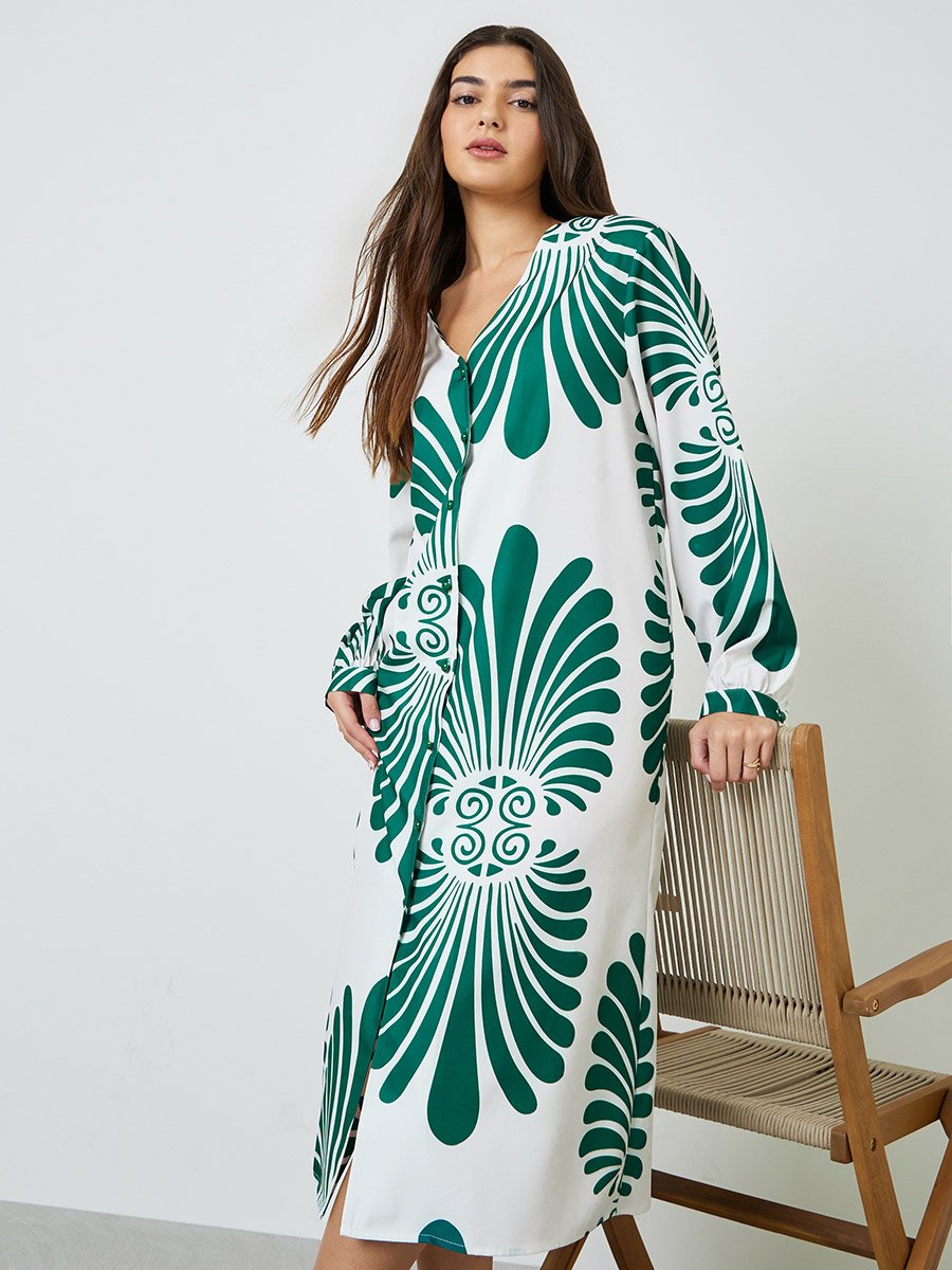 Plus Size Printed V-Neck Midi Dress