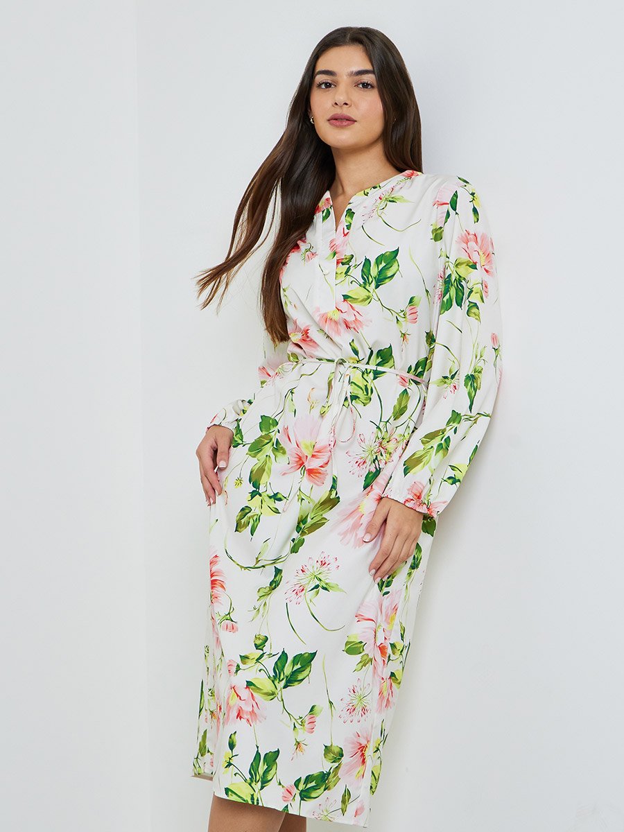 Plus Size Floral Bishop Sleeve Midi Dress