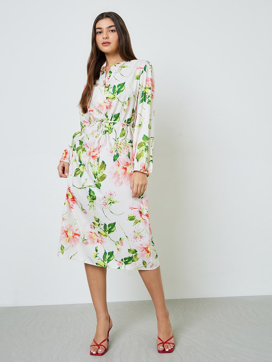 Plus Size Floral Bishop Sleeve Midi Dress