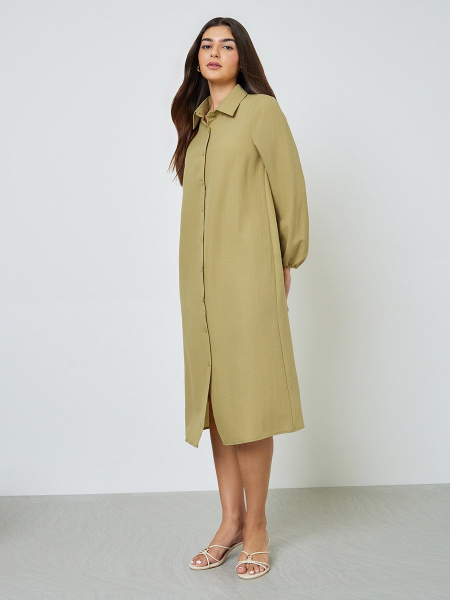 Khaki Solid Puff Sleeves Relaxed Fit Shirt Midi Dress