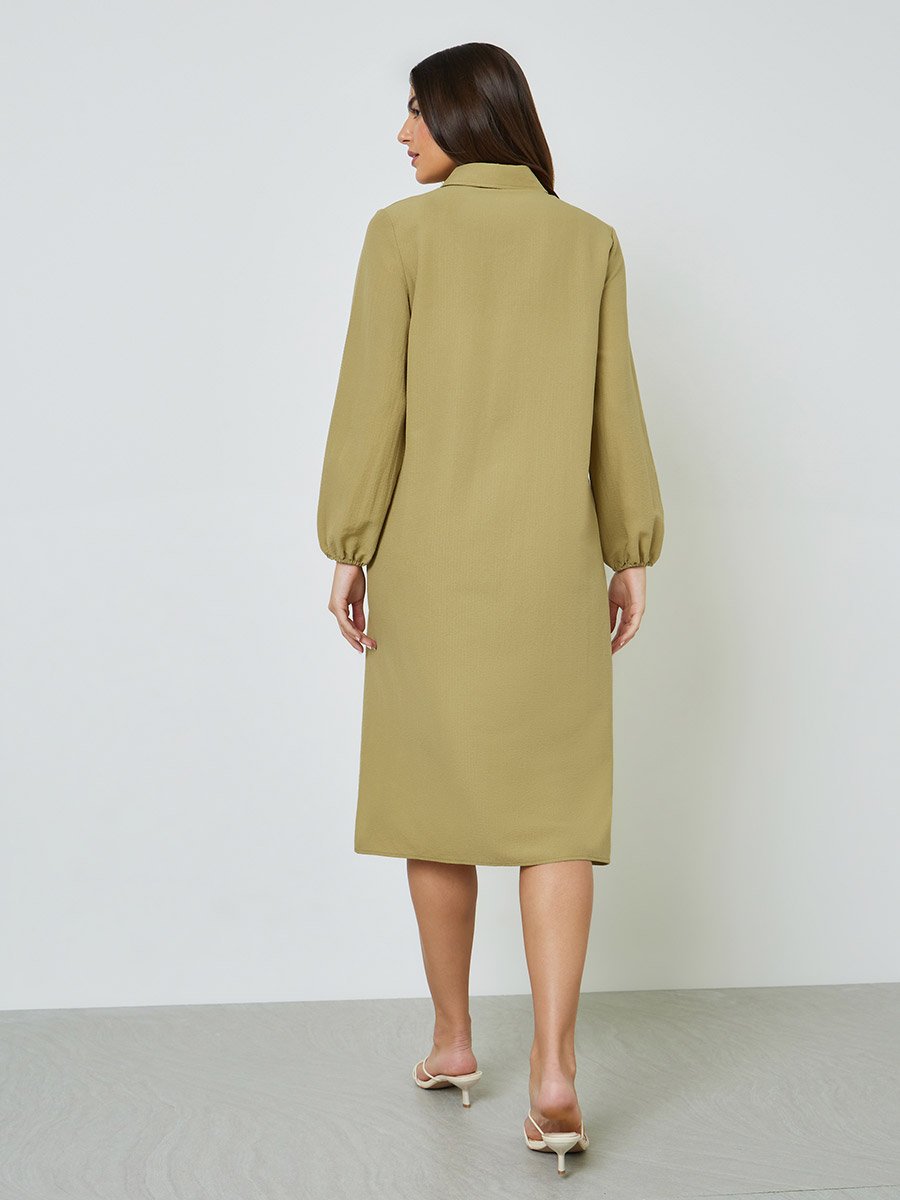 Khaki Solid Puff Sleeves Relaxed Fit Shirt Midi Dress
