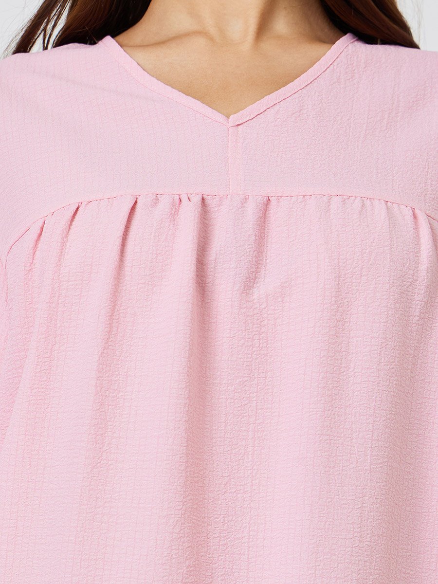 Pink Textured 3/4 Puff Sleeves Midi Dress