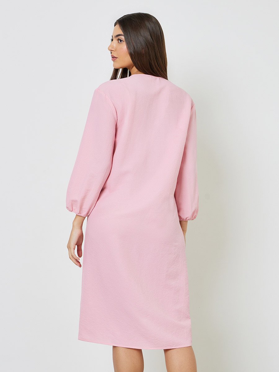 Pink Textured 3/4 Puff Sleeves Midi Dress