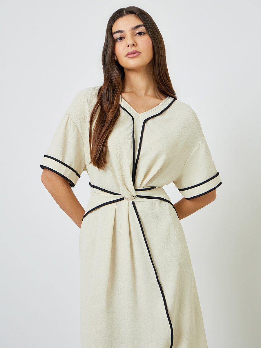 Beige Contrast Trims Gathered Waist A-Line Maxi Dress